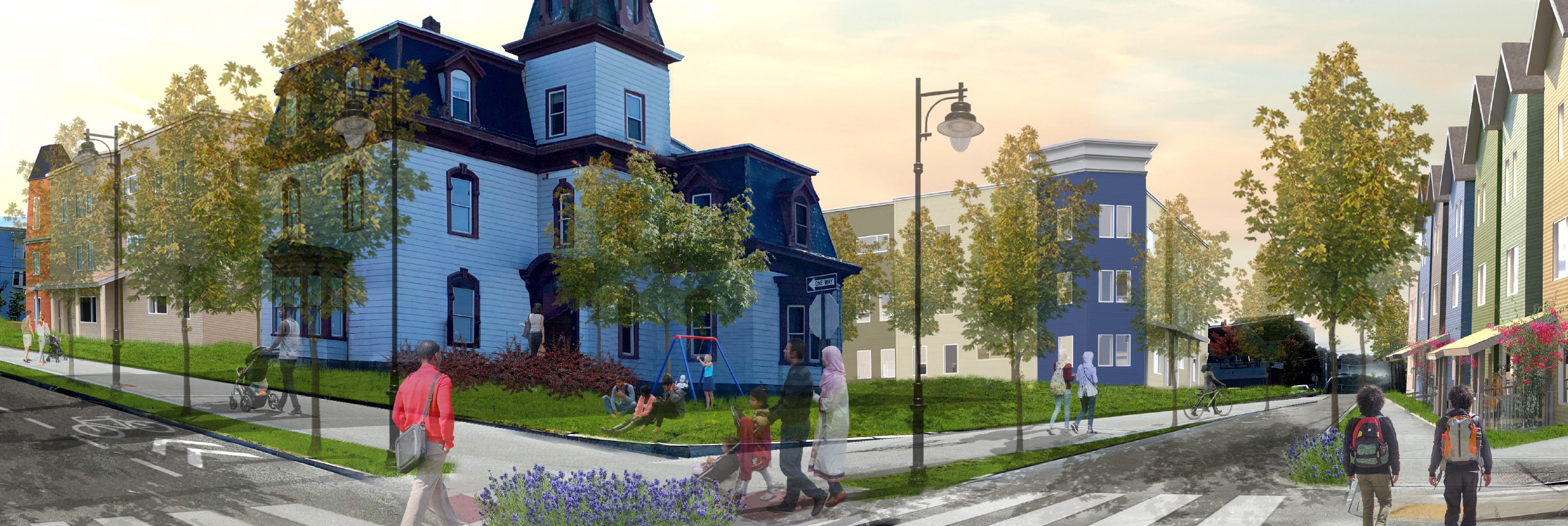 A rendering of a neighborhood transformation with condos on one side of the road with old homes on the other.